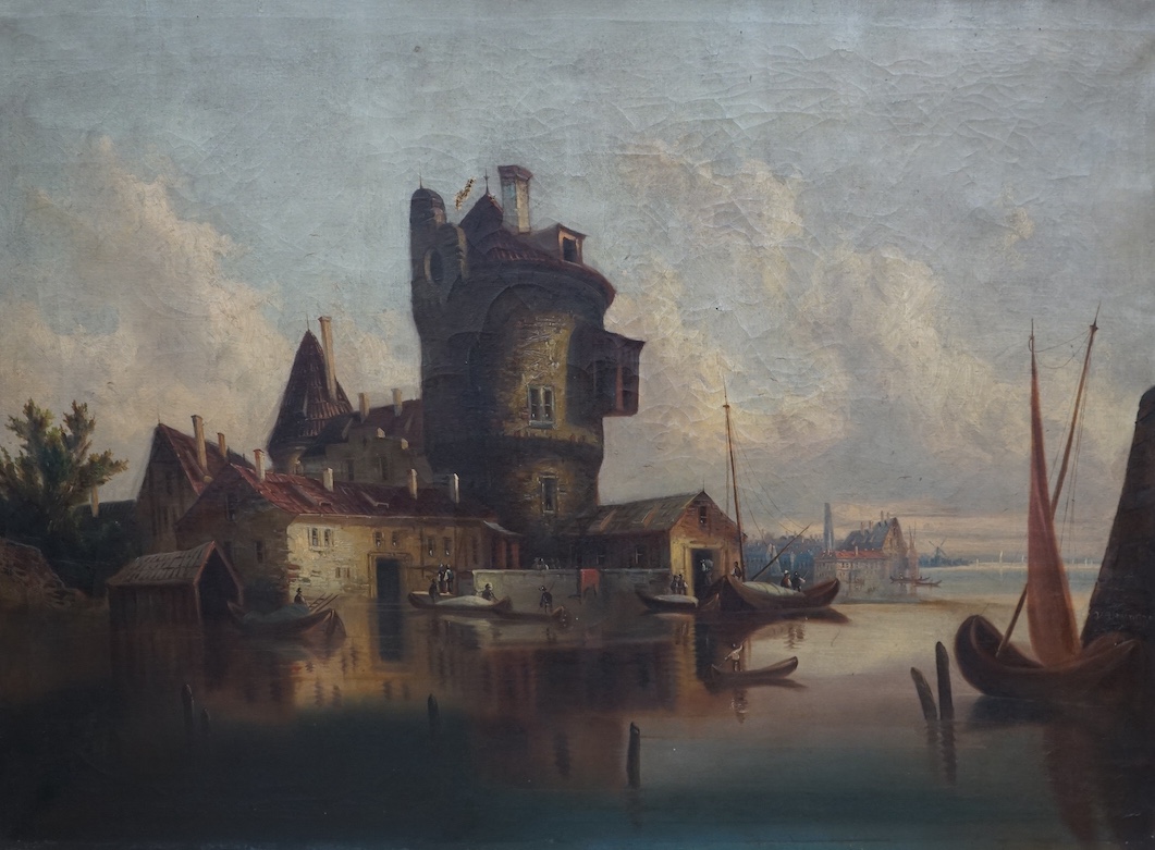 Carl Gessnitzer, (German, 19th. C), oil on canvas, Riverside town, signed, 74 x 100cm, unframed. Condition - poor to fair